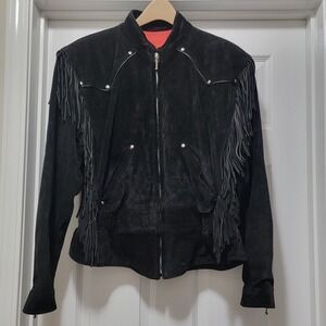 Vintage Harley Davidson Black Fringe Suede Leather Motorcycle Jacket Women's L